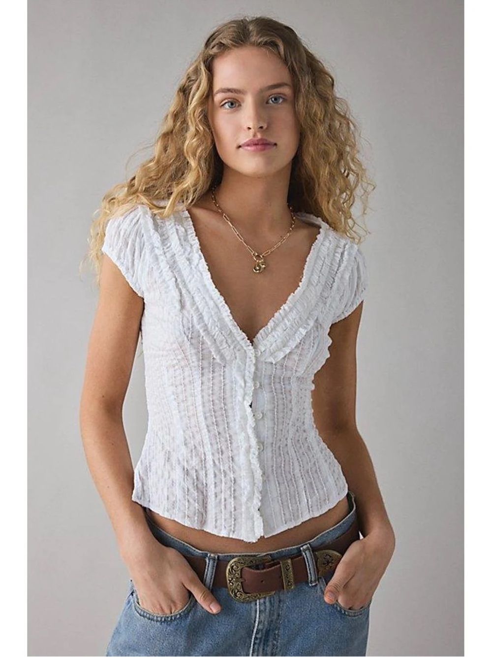 Urban Outfitters White Kimchi Blue Ria Ruffle Cotton Gauze Button-Front Blouse